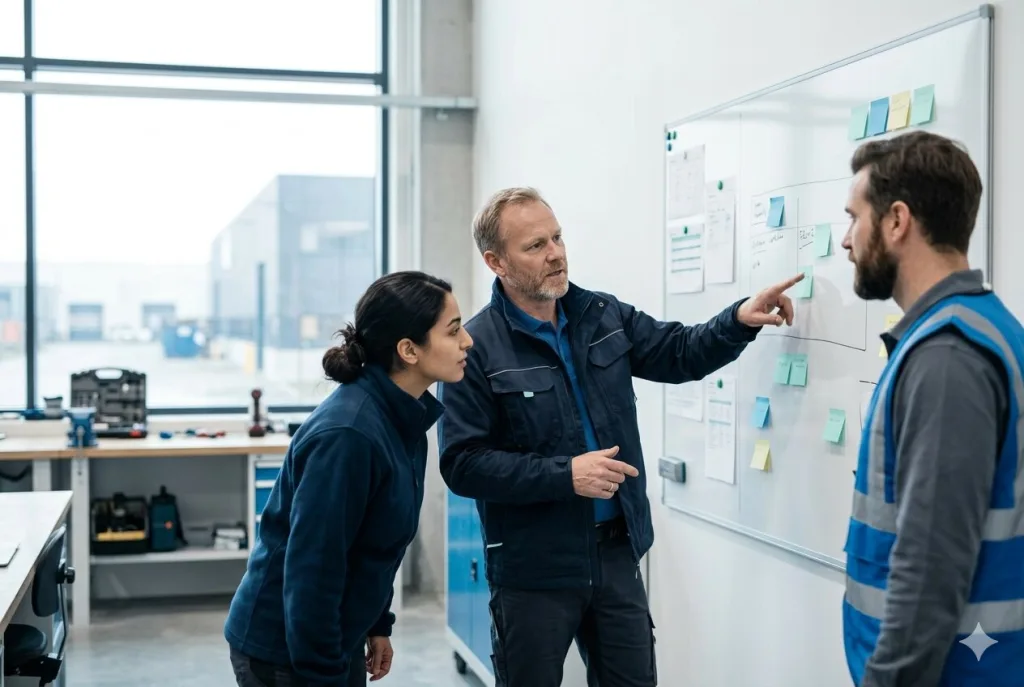 Medarbetare samlade kring en handlingsplan på en whiteboard