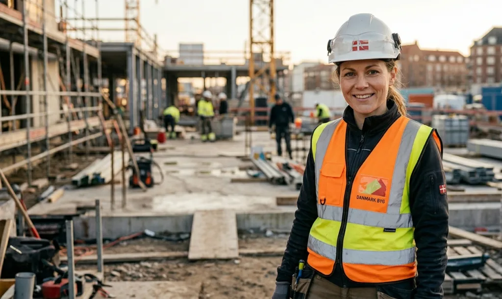 Byggarbetsplats där en hantverkare ser en kort utbildningsvideo i mobilen