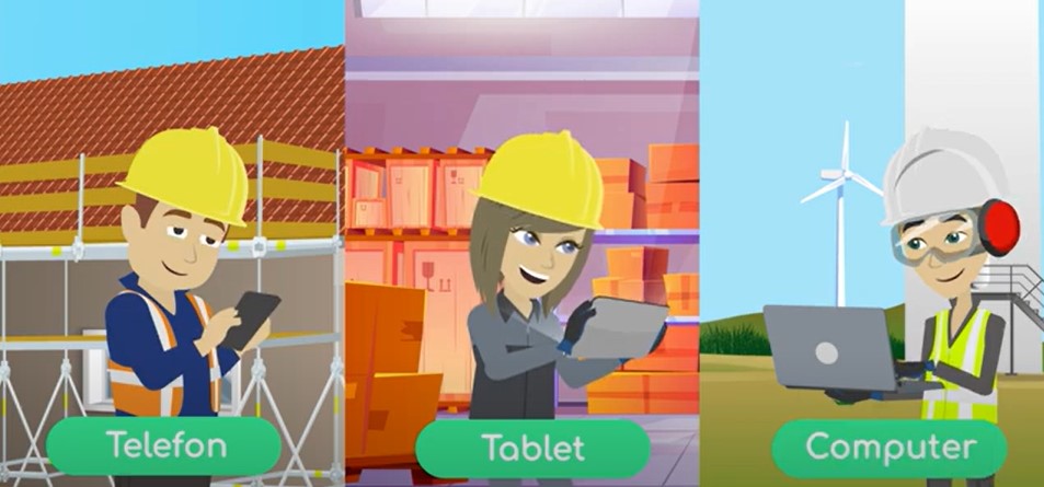 Instruktionsfilmer som tre medarbetare ser på mobil, surfplatta och dator på jobbet
