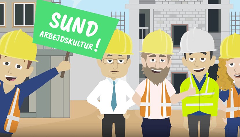 Stillbild ur instruktionsfilm för byggbranschen: fem tecknade byggnadsarbetare med hjälmar framför ett bygge, en håller en skylt med texten Sund arbetskultur