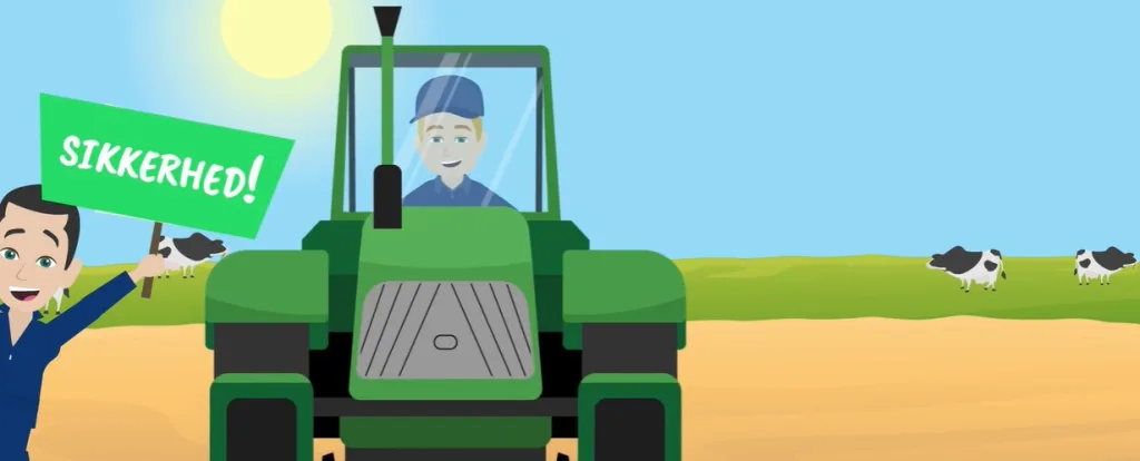 Stillbild ur instruktionsfilm för lantbruket: tecknad lantbrukare i grön traktor på fältet, en annan håller en skylt med texten Säkerhet