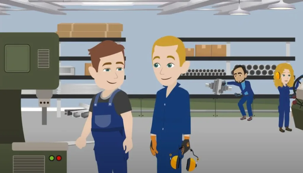 Stillbild ur instruktionsfilm för produktionen: två tecknade medarbetare i arbetskläder pratar i en produktionshall, den ena håller hörselskydd