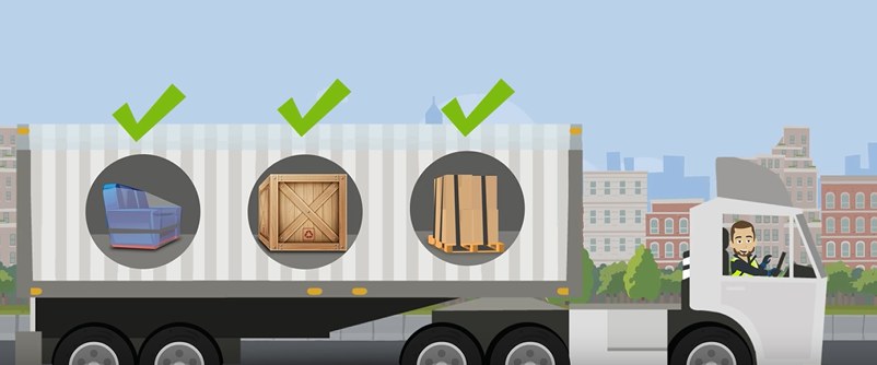 Stillbild ur instruktionsfilm för transporten: tecknad lastbil med korrekt surrad last, chauffören sitter i förarhytten
