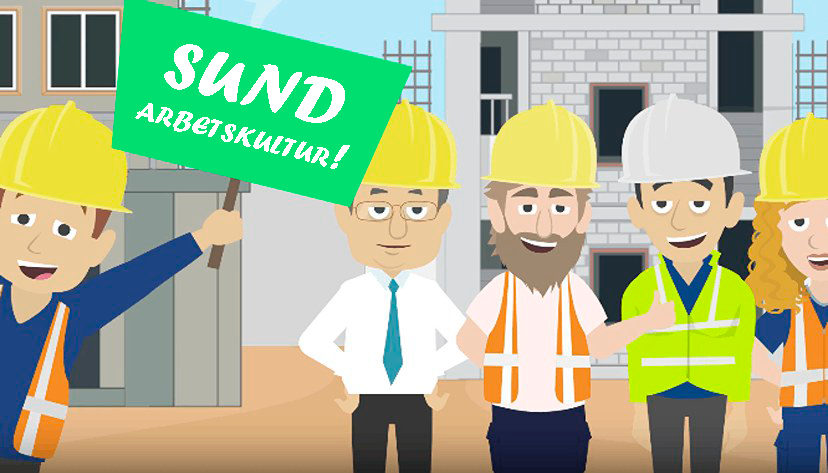 Stillbild ur instruktionsfilm för byggbranschen: fem tecknade byggnadsarbetare med hjälmar framför ett bygge, en håller en skylt med texten Sund arbetskultur
