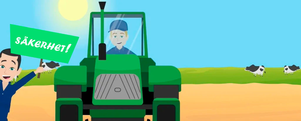 Stillbild ur instruktionsfilm för lantbruket: tecknad lantbrukare i grön traktor på fältet, en annan håller en skylt med texten Säkerhet